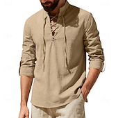 Недорогие Классический-Муж. Рубашка Льняная рубашка Стиль Викингов Летняя рубашка Одежда для пляжа Рубашка с воротником-стойкой Сплошной цвет Повседневные Отпуск Черный Белый Зеленый Цвет хаки Длинный рукав