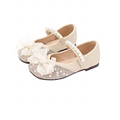 billige Barn &amp; Blomsterpike-Barnesko med perlebånd og sløyfe til blomsterpiker med strass-tå, elegante prinsessesko til små jenter i kunstskinn, komfortable brudesko med lav hæl, perfekte for blomsterpiker