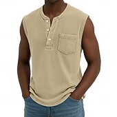 abordables Débardeurs-Débardeur pour homme SoftFade™ sans manches chemise sans manches Henley été printemps uni basique poche style vintage teinture en pièce vacances street décontracté quotidien noir haut Tee pour hommes