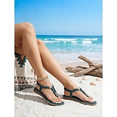 economico Donne-sandali infradito bohémien color verde acqua da donna - eleganti sandali bassi con cinturini intrecciati e dettagli gioiello, comode scarpe estive da spiaggia per vacanze tropicali &amp;fughe sull'isola