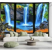 abordables Tapices de pared-Tapiz de lago con vista de ventana en 3D, paisaje natural y forestal, colgante de pared, mural de paisaje de ventana falsa para sala de estar, sala de yoga, espacio de meditación