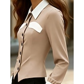 Недорогие Нарядные блузки-Жен. Блуза Пэчворк Пуговицы Контрастных цветов Элегантный стиль Стиль Классика Длинный рукав Рубашечный воротник Обычные топы Повседневные Офис Черный Белый Коричневый Хаки Весна Осень