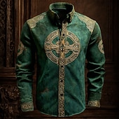 זול חולצה ליום פטריק הקדוש-חולצת צלב קלטית של סנט פטריק לגברים Button Up Long Sleeve Vintage Retro Party Holiday Spring Fall Turndown עם חולצת בד דומה ללינן ירוק 1 ירוק