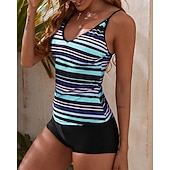 お買い得  サーフィンタンクiniとビキニ-女性用 ミディアム サーフィン用タンキニ＆ビキニ 水着 タンキニ 縞柄 オープンバック UVプロテクション 弾性ある ノースリーブ スイムウェア サーフィン 潜水 水泳 夏