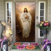 halpa Lomamatkatapetit-Pääsiäisovi, jossa seesteinen Jeesus pitelee karitsaa kultaisessa vehnäpellossa, kristillinen uskonnollinen sisustus pääsiäiskauteen, täydellinen pyhän viikon ja kevään lomakoristeisiin