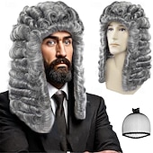 levne Historické paruky-paruka soudce, paruky pro právníky, dlouhé kudrnaté šedé stříbrné paruky pánské koloniální paruky cosplay kostýmní párty cosplay paruky