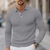 cheap Men's Classic Polo-Men's Rib Knit Top Textured Casual Street Lapel Long Sleeve Basic Modern Plain Buttons Spring Fall All Seasons Slim Fit White Gray Rib Knit Top