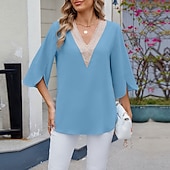preiswerte Schicke Blusen-Damen Hemd Bluse Chiffon Tops Patchwork Farbblock Stilvoll Lässig Langarm V Ausschnitt Normale Oberteile Täglich Ferien Ausgehen Blau Schwarz Weiß Rosa Himmelblau Sommer Frühling