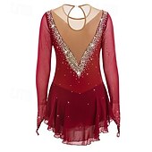 cheap Figure Skating Dresses-Red Rhinestone Figure Skating Dress for Women &amp; Girls – Long Sleeve Mesh Competition Costume with V Open Back and Flowy Asymmetrical Skirt