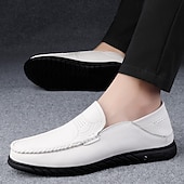 cheap Casual Loafers-Men's White Moccasin Shoes, Genuine Faux Leather, Breathable Design, Classic Style, Comfortable for Casual Wear