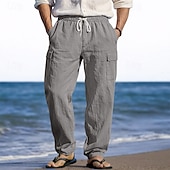 billiga Semester-Herr Linne Byxor Långbyxor Sommarbyxor Strandbyxor Snörning Elastisk midja Flera fickor Slät Lättvikt Andningsfunktion Fullängd Ledigt Dagligen Helgdag Semester Mode 다크 카키 Svart Microelastisk