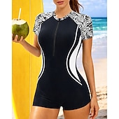 preiswerte One Pieces Rash Guards-Damen Regulär Anti UV Shirt Badeanzug Badeanzüge Blumenmuster Tropisch Reißverschluss UV Schutz Elastisch Kurzarm Bademode Badeanzug Surfen Tauchgerät Schwimmen Sommer