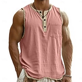 tanie Tank topy sportowe-Męskie Koszula lniana Bezrękawnik Kamizelka Top Podkoszulki Bez rękawów Henley Lato Wiosna Równina Moda Designerskie Podstawowy Kieszeń Guziki Codzienny Urlop Ulica Czarny Rumiany róż Granatowy Top