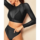 preiswerte Surfen Tankinis &amp; Bikinis-Damen Bikini-Sets Bikini mit hohem Bund Einfarbig Netz UV Schutz Elastisch Langarm Bademode Badeanzug Surfen Tauchen Schwimmen Sommer