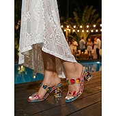 baratos Mulheres-saltos altos transparentes e coloridos com pedras preciosas para mulheres – sandálias abertas da moda para festas de verão e roupas casuais
