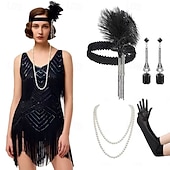 billiga 1920-talets klänningar-Set Roaring 20s 1920s Mini Dress Flapper Dress Outfits with Accessories Sleeveless The Great Gatsby Charleston Sequins Tassel Fringe Feather Deep V Fancy Dress Women's Carnival New Year Masquerade