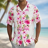 ieftine imprimare florală-Bărbați Flamingo Imprimeu floral Flori Cămașă Cămașă cubaneză Cămașă hawaiană Manșon scurt Hawaiană Vacanță Concediu Costum de plajă Vară Primăvară Cămașă cu guler tabără Imprimare 3D Roz Îmbujorat