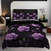 abordables Juegos de funda nórdica-Juego de funda nórdica con estampado de flores y mariposas de rosas moradas, juego de cama estilo hotel con 1 funda nórdica y 2 fundas de almohada, tela de felpa suave, no incluye edredón.