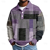 abordables Polo géométrique pour homme-Homme Géométrique Bloc de Couleur Chemises Polo Gaufre Texturé manche longue Polos Revers Occasionnel Athleisure Tenue quotidienne Impression 3D Printemps Automne Hiver Bleu Violet Marron