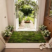 お買い得  玄関マット-玄関マット 緑の苔が石畳にデザインされた、爽やかな屋外屋内玄関ラグ。耐久性のある滑り止めマット。