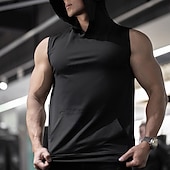 お買い得  ランニングTシャツとタンクトップ-男性用 ソリッド ワークアウトタンクトップ ランニングタンクトップ ランニングベスト ジム用タンクトップ 夏 春 秋 フード付き ノースリーブ 速乾性 ビデオ圧縮 吸汗性 ジム ジムトレーニング アクティブトレーニング ランニング 運動 ブラック スポーツウェア アクティブウェア
