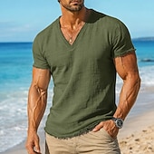 billiga Bomull och linne T-shirts-Herr T-tröja Linne T-shirt Kortärmad Kort ärm V-hals Sommar Slät Mode Designer Grundläggande Mjukt Strand Semester Ledigt / vardag Rosa Vit Topp t-shirt för män