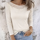 ieftine tricou simplu-Pentru femei Mic Tricou Top din plasă cu patchwork Aplicații 3D Perla Culoare solidă Floral Elegant Stilat Casual Manșon Lung Bateau Topuri obișnuite Zilnic Sfârșit de săptămână Ivoriu Vară Primăvar