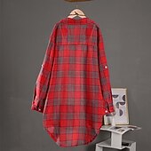 זול חולצות וחולצות-בגדי ריקוד נשים חולצה חולצות פשתן מכותנה כפתורים משובץ אלגנטית וינטאג' מסוגנן שרוול ארוך צווארון חולצה חולצות ארוכות יומי חגים ליציאה צהוב אודם תלתן קיץ אביב סתיו