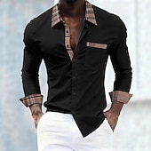 お買い得  メンズドレスシャツ-男性用 シャツ ドレスシャツ ボタンアップシャツ カラーブロック 日常 ビジネス ブラック ホワイト ルビーレッド ダークブルー 長袖 折襟 オールシーズン 衣類 パッチワーク