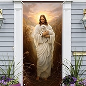 halpa Lomamatkatapetit-Pääsiäisovi, jossa seesteinen Jeesus pitelee karitsaa kultaisessa vehnäpellossa, kristillinen uskonnollinen sisustus pääsiäiskauteen, täydellinen pyhän viikon ja kevään lomakoristeisiin