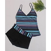 お買い得  サーフィンタンクiniとビキニ-女性用 ミディアム サーフィン用タンキニ＆ビキニ 水着 タンキニ 縞柄 オープンバック UVプロテクション 弾性ある ノースリーブ スイムウェア サーフィン 潜水 水泳 夏