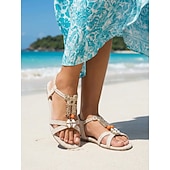 abordables Femmes-Sandales plates bohèmes chics pour femmes, ornées de perles métalliques décoratives – des chaussures confortables pour les mariages décontractés et à la plage, les événements estivaux et les vacances