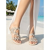 abordables Femmes-Sandales plates scintillantes à strass pour femmes, brides croisées avec anneaux d'orteils, chaussures élégantes et antidérapantes pour des vacances élégantes à la plage.