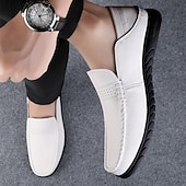 cheap Casual Loafers-Men's White Moccasin Shoes, Genuine Faux Leather, Breathable Design, Classic Style, Comfortable for Casual Wear
