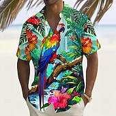 abordables Oiseaux &amp; Animaux-Homme Perroquet Plantes Tropicales Fleurs Chemise hawaïenne Chemise Boutonnée Chemise Aloha Manche Courte Hawaïen Vacances Été Printemps Col Rabattu Impression 3D chemises à col Une poche avant Bleu