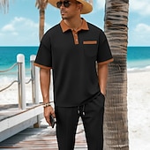 preiswerte Basic T-Shirts für Herren-2-teiliges Herren-Sommer-Waffel-Polohemd &amp;Polo-Hose, passendes Set, Strandkleidung, Alltagskleidung, Ausgehkleidung, Kordelzug, schlicht, schwarz, weiß, königsblau, Sportbekleidung, Mode