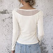 ieftine tricou simplu-Pentru femei Mic Tricou Top din plasă cu patchwork Aplicații 3D Perla Culoare solidă Floral Elegant Stilat Casual Manșon Lung Bateau Topuri obișnuite Zilnic Sfârșit de săptămână Ivoriu Vară Primăvar