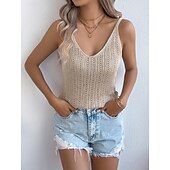 ieftine Rezervor simplu-Pentru femei Pulover Casual Moale Culoare pură Striat În V Tricotat Găurite Fără manșon Topuri obișnuite Tricotat Zilnic În aer liber Sfârșit de săptămână Alb Roșu Vin Vară