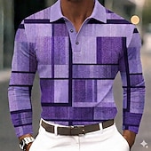 cheap Men's Color Block Polo-Men's Color Block Polo Shirts Long Sleeve Polo Shirts Lapel Business Casual Outdoor Athleisure Daily Wear 3D Print Buttons Spring Fall Blue Purple Brown