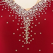 cheap Figure Skating Dresses-Red Rhinestone Figure Skating Dress for Women &amp; Girls – Long Sleeve Mesh Competition Costume with V Open Back and Flowy Asymmetrical Skirt