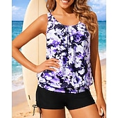 preiswerte Surfen Tankinis &amp; Bikinis-Damen Geraffter Tankini 2 Teile Tropisch UV Schutz Elastisch Ärmellos Bademode Surfen Strand Schwimmen Sommer