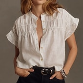 cheap Plain Blouses-Women's Linen Like Faux Cotton Linen Shirt Casual Shirt Button Up Shirt Ruched Ruffle Buttons Solid Color Plain Daily Stylish Casual Short Sleeve Stand Collar  Holiday Beach Wear Vacation Wear