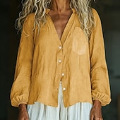baratos Camisas de Luxo-Mulheres Camisa de linho camisa de verão camisa de botão Bolsos Côr Sólida Tecido Diário à moda Casual Manga Longa Decote V Tops regulares Feriado Roupa de Praia Roupas de resort Preto Branco Amarelo