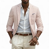 abordables Chaqueta de sport-Chaqueta blazer para hombre, de seersucker, con cuello de muesca, ligera, informal, a rayas, en amarillo, rosa, azul cielo, corte entallado, botonadura sencilla, dos botones.