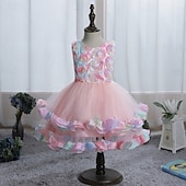 cheap Flower Girl's Dresses-Flower Girl Dress Girls' Formal Dress Wedding Attire Party Wedding Formal Elegant Fashion Adorable Mesh Floral Sleeveless Crew Neck Blue Pink 4 years+