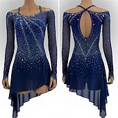 abordables Vestidos de Patinaje Artístico-Vestido de patinaje artístico Mujer Patinaje Sobre Hielo Vestidos Azul marinero Retazos Espalda Abierta Elástico Entrenamiento Competición Ropa de Patinaje Clásico Cristal / Strass Manga Larga