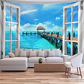 levne Nástěnné tapiserie-tropická pláž výhled z okna gobelín nástěnná dekorace 3D příroda krajina palmy oceán ostrov léto domácí dekorace velké látkové pozadí