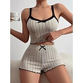 abordables Hauts et bas de nuit pour femmes-Femmes Ensemble Pyjama Occasionnel Confort Couleur Unie Dentelle Taille Élastique Shorts Quotidien Maison Sans manches Bretelles Bleu Blanche Rose Claire Vin Gris Été Printemps Coupe régulière