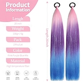 baratos Rabos-de-Cavalo-2 mechas de cabelo colorido, 66 cm (26 polegadas), para crianças e mulheres, aplique de rabo de cavalo liso e macio com elástico.