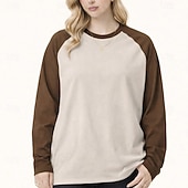cheap Plain tee-Women's 100% Cotton Oversized Tee Raglan T Shirt Patchwork Color Block Vintage Stylish Casual Long Sleeve Crew Neck Long Tops Daily Going out Brown And White Black and White Brown Summer Spring Fall
